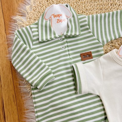 Conj. de Malha 3 peças - Bear Baby Listrado - Verde e Off White